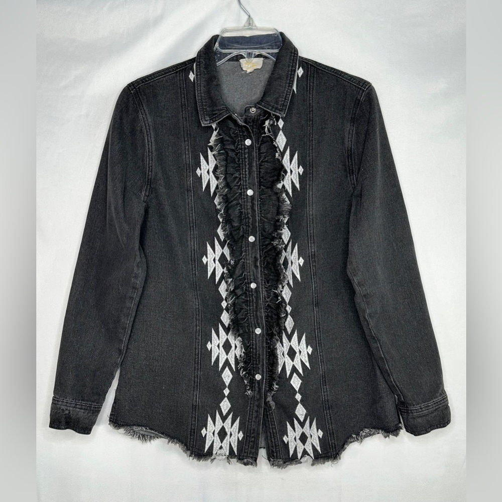 Layerz Black Embroidered Denim Shirt Jacket with Ruffle Front Aztec Sz S